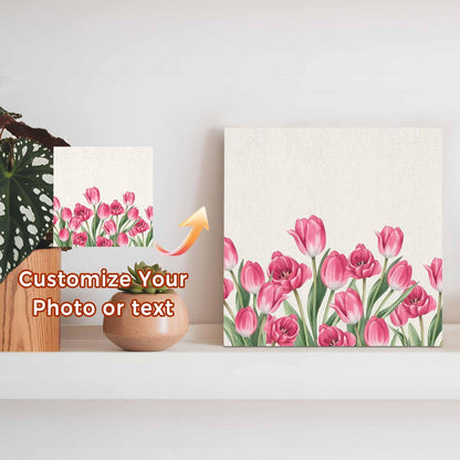 Wood Box Sign Desk Decor Rustic Spring Tulips Linen Texture Square Boxes Sign, Farmhouse Pink Flower Wooden Block Box Sign Decoration for Home Wall Tabletop Shelf Office Decor,6x6IN