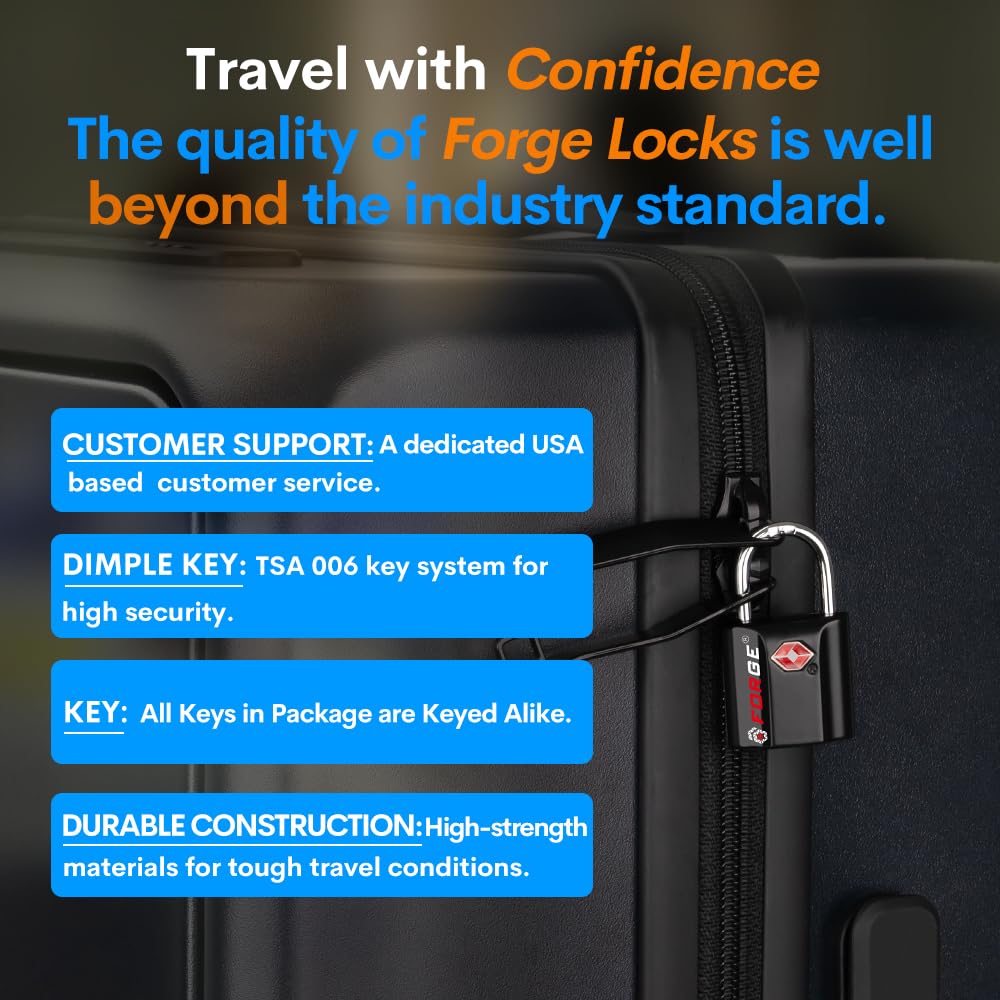 Forge 1'' Wide 1.8'' Tall, TSA Approved Luggage Locks: Key Locks for Travel. Ultra Secure Dimple Key Travel Locks Alloy Body Luggage Locks. Black 2 Pack.