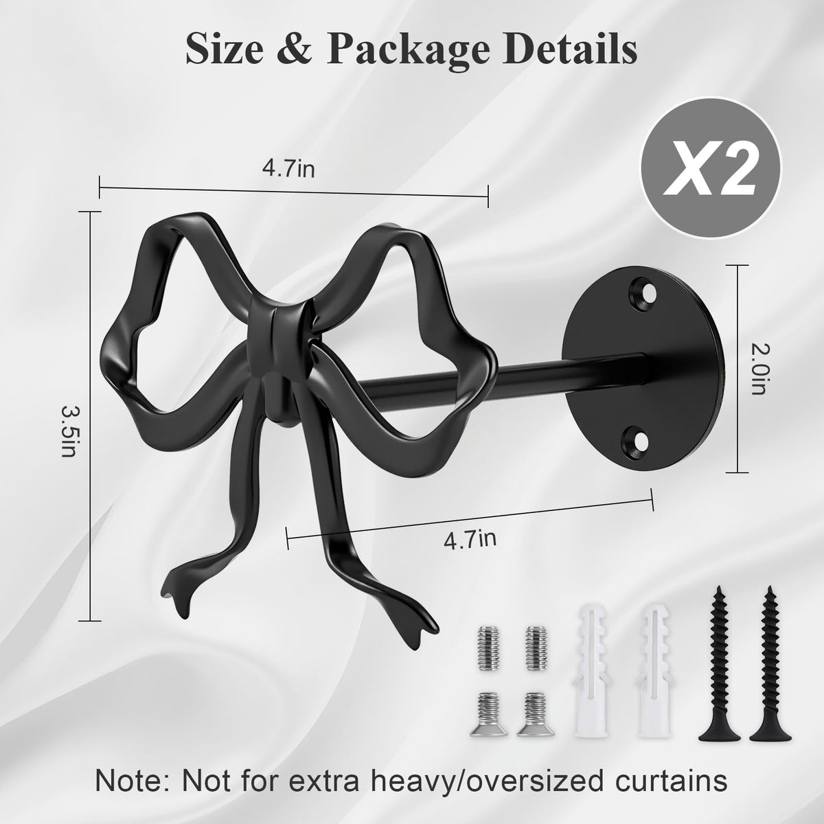 Tocemei 2 Pack Black Bow Curtain Holdbacks, Modern Matte Metal Curtain Holders for Wall,Rotatable Adjustable Angle,Elegant Bow Decor for Living Room Bedroom Home