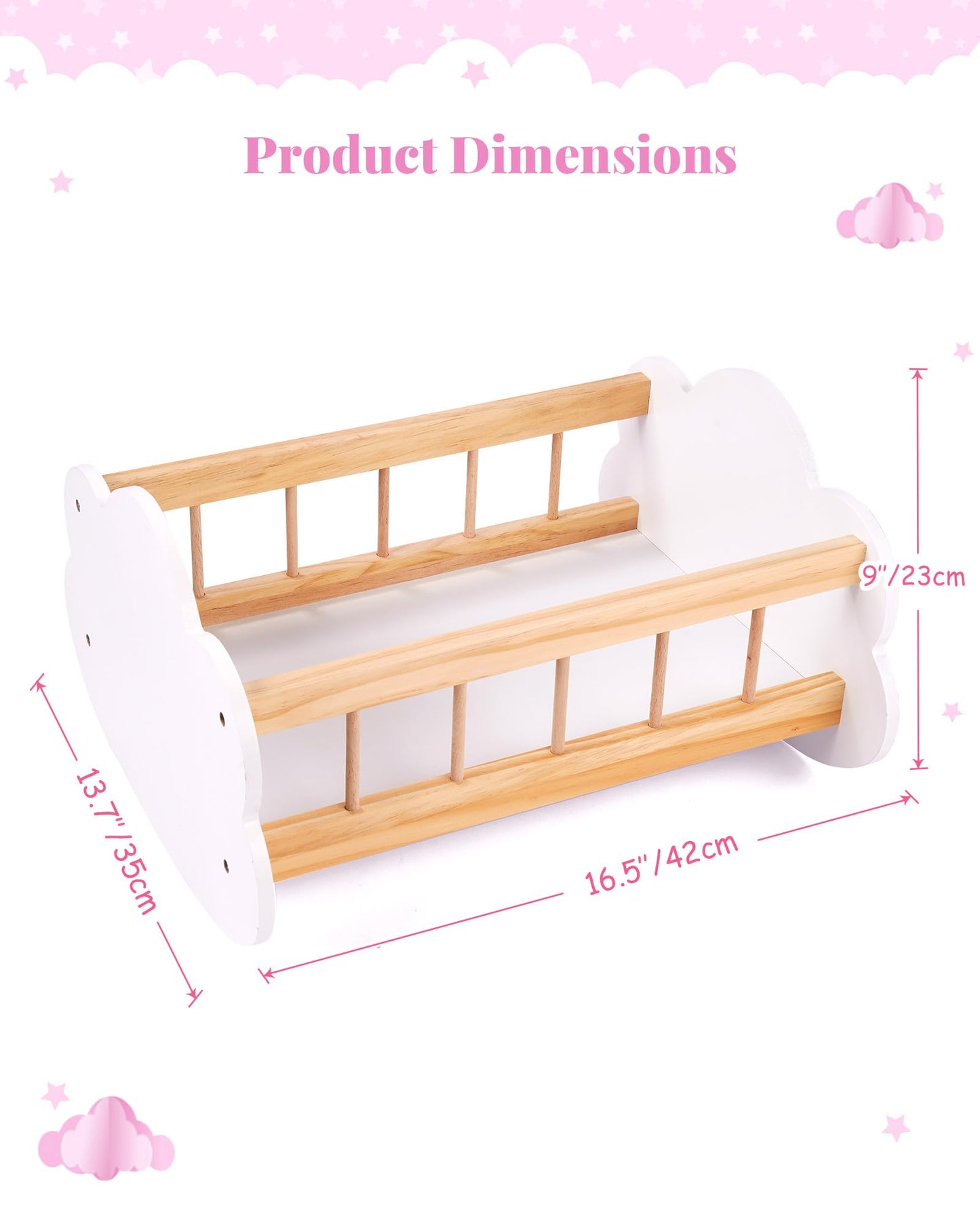 BABESIDE Wooden Baby Dolls Bed for 12-16 Inches Doll, Rocking Babys Doll Crib, Sleep Bed, Baby Dolls Accessories Furniture fit Dolls Boys Girls