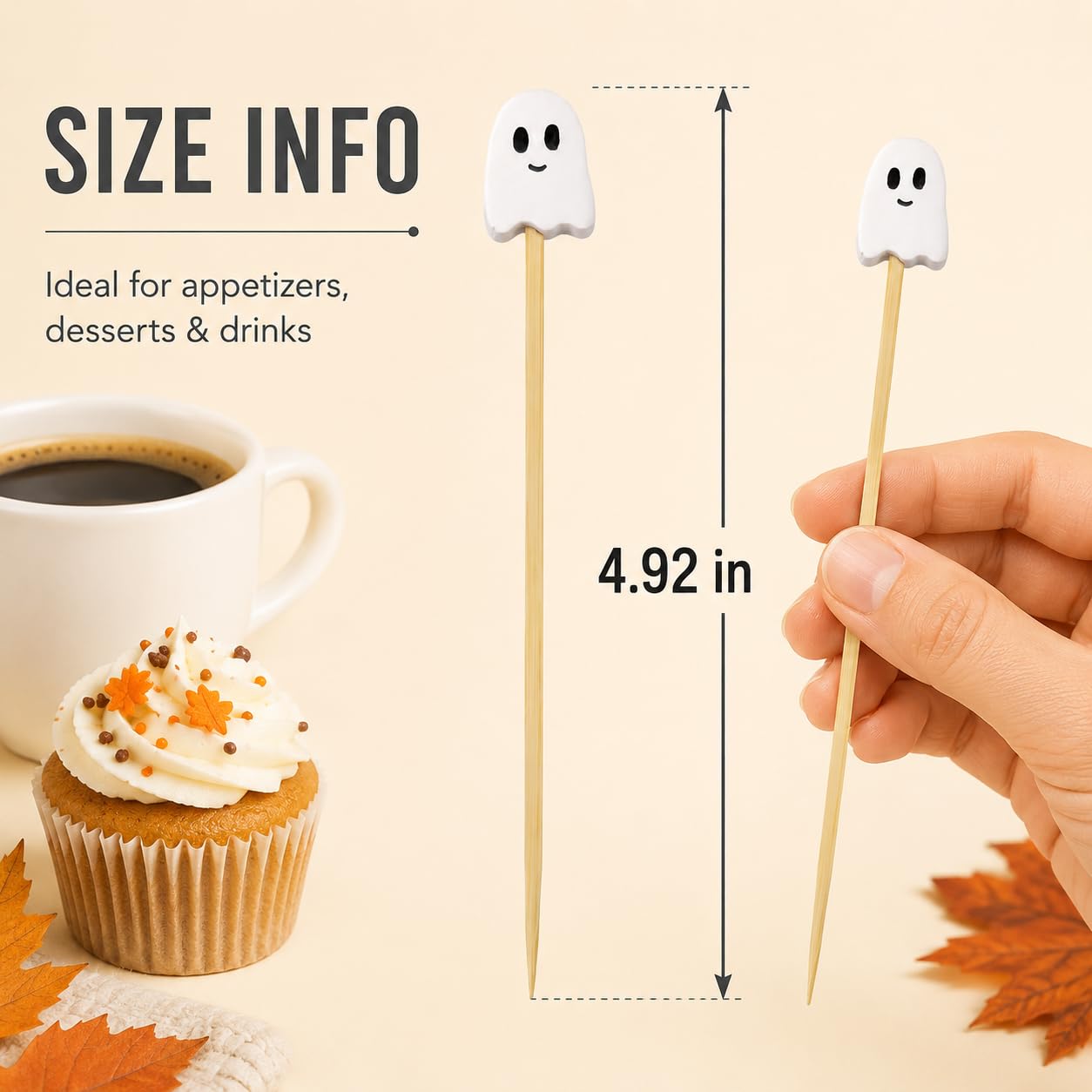 100 Pcs Ghost Cocktail Picks for Halloween and Fall – Bamboo Toothpicks with Cute Ghost Design for Appetizers, Fruit, Desserts, Coffee Drinks, Cake Toppers and Party Decorations (white)