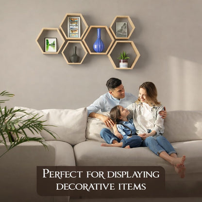 Decovate Hexagon Floating Shelves Set of 6 Honeycomb Shelves for Wall, Wooden Hexagon Shelves for Farmhouse Storage. (Natural Wood)
