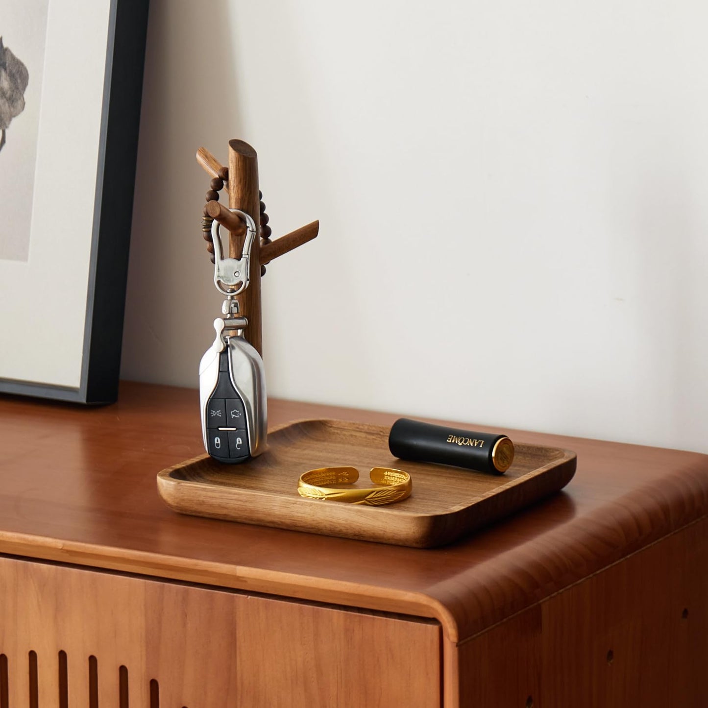 THFLSTR Solid Acacia Wood Key Tray and Bowl for Entryway Table - Jewelry Tray With 3 Hooks, Open Storage for Wallet, Glasses, Watches, Lipstick (Acacia, Square)