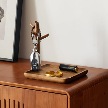 THFLSTR Solid Acacia Wood Key Tray and Bowl for Entryway Table - Jewelry Tray With 3 Hooks, Open Storage for Wallet, Glasses, Watches, Lipstick (Acacia, Square)