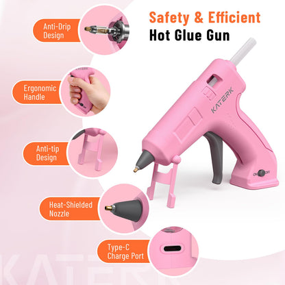 Katerk 3.7V Cordless Hot Glue Gun Kit, 90s Fast Heating, Mini Glue Gun with 15 Glue Sticks, USB-C Rechargeable with 2000mAh Built-in Battery, Ideal for DIY, Gift Making, School Crafts & Repairs (Pink)