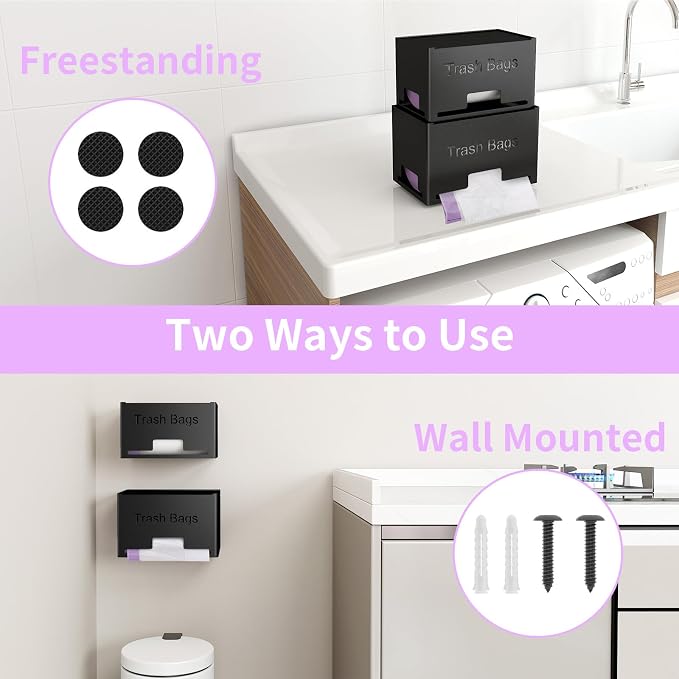 STWWO 2-Pack Trash Bag Holder Dispenser, Stackable Garbage Bag Dispenser, Extra Large Trash Organizer for Kitchen Laundry Under Sink, Wall Mounted or Freestanding, Metal Black