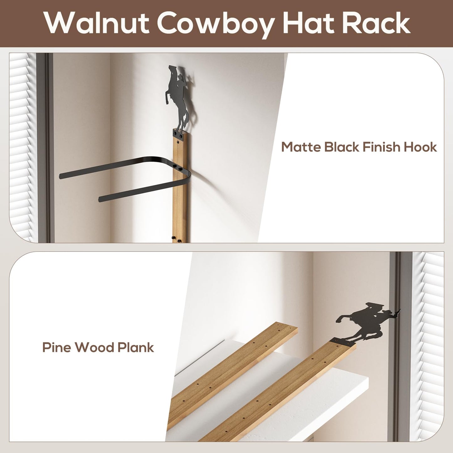 Cowboy Hat Rack for Wall – 3-Piece Wooden & Metal Western Hat Holder, Rustic Rider Sign Decor, Holds up to 6 Hats, Wall Mounted Cowboy Hat Organizer & Storage Display Rack for Cowboy Room Decor