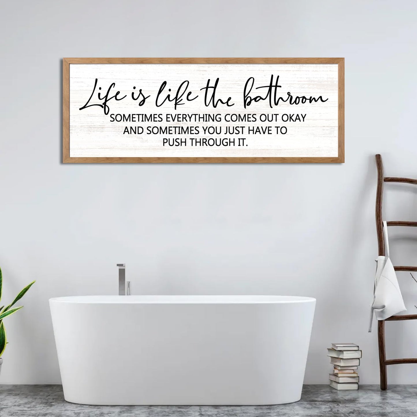 Cpcdaosk Life is Like the Bathroom Wooden Sign Framed Wall Art, 32''×12'' Horizontal Inspirational Quote Wood Plaque above the Bathtub, Farmhouse Long Motivational Saying Wood Sign Wall Decor for Bathhouse (Life is Like the Bathroom, Natural, 32"x12")
