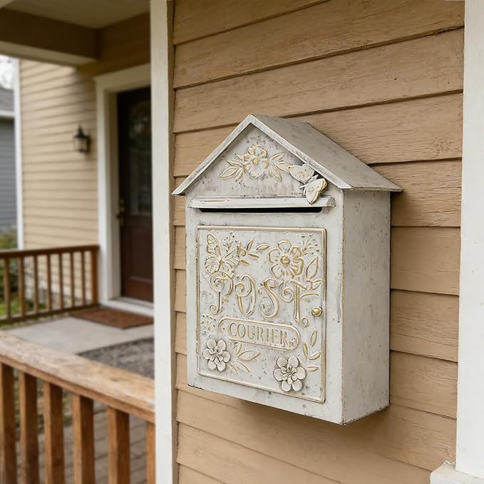 Vintage White Wall Mount Mailbox for Outside, Metal Post Box Decorative Antique Style Mail Drop Box for House Decor(White)