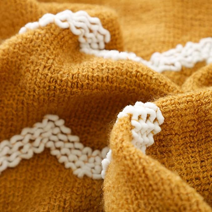 BOURINA Fluffy Chenille Knitted Fringe Throw Blanket Lightweight Soft Cozy for Bed Sofa Chair Throw Blankets, Dark Gold 50" x 60"