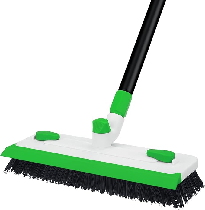Floor Scrub Brush with Long Handle, 3-in-1 Scrape Scrubber Brush with Squeegee