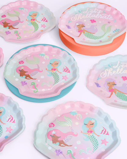 xo, Fetti Mermaid Shell Birthday Plates - 24 pk, 9" | Mermaid Bday Party Supplies, Under The Sea Decorations, Let's Shellabrate Party Favors