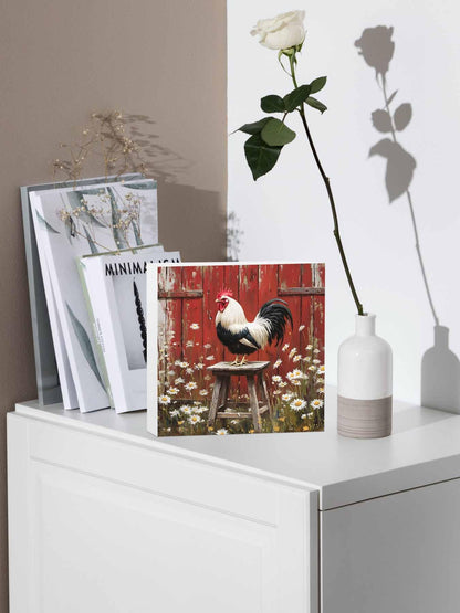 Wood Box Sign Desk Decor, Rustic Farmhouse Rustic Red Barn Rooster Wildflowers Decorative Wooden Block Box Sign Decorations for Home Office Shelf Table Decor 6x6 Inches