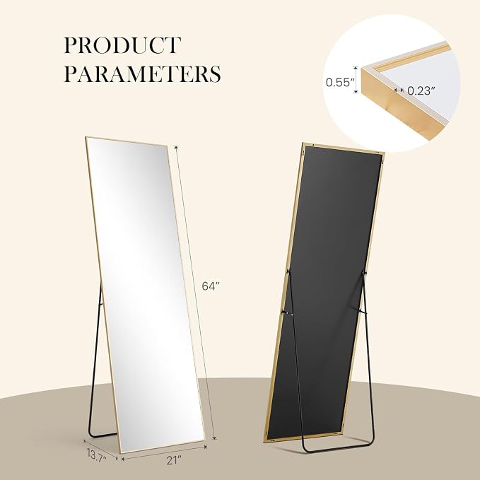 NEWBULIG Mirror Full Length, 64"x21" Body Wall Mirrors with Shatter-Proof Glass, Upgraded Floor Standing Mirror, Hanging or Leaning, with Stand Aluminum Alloy Frame for Home Decor, Bedroom, Gold
