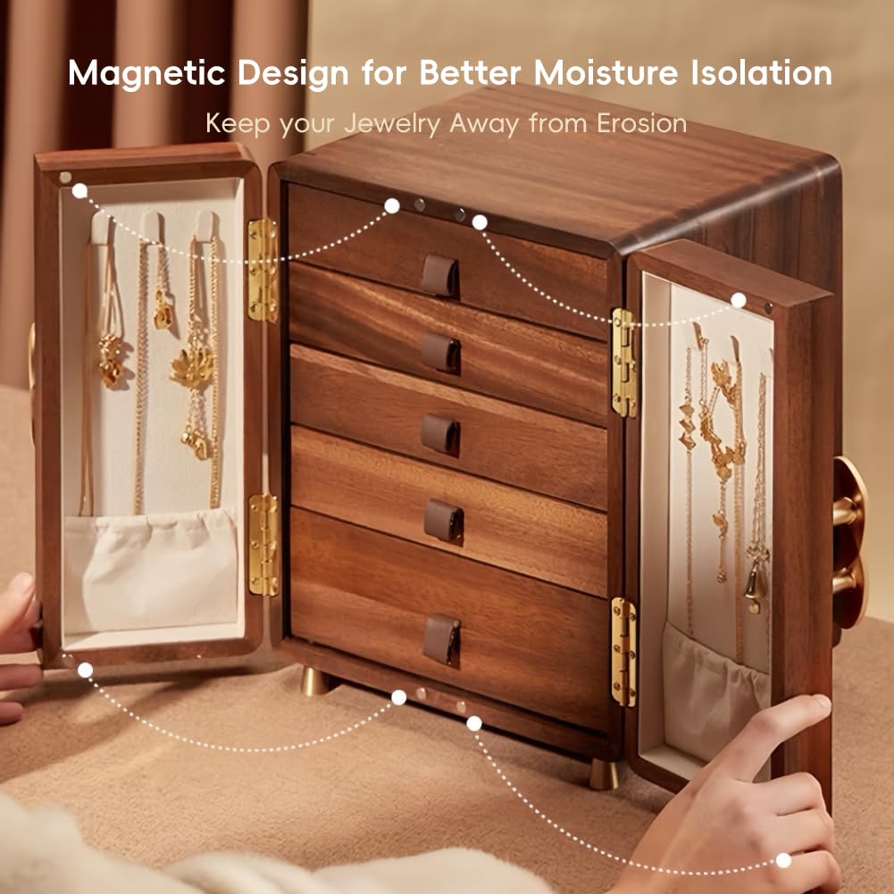 Amersis Wooden Jewelry Box 5 Layers Solid Wood Black Walnut Large Jewelry Organizer with Brass Handle for Necklaces Rings Earrings Watches Storage Ideal Gift Choice for Mother's Day