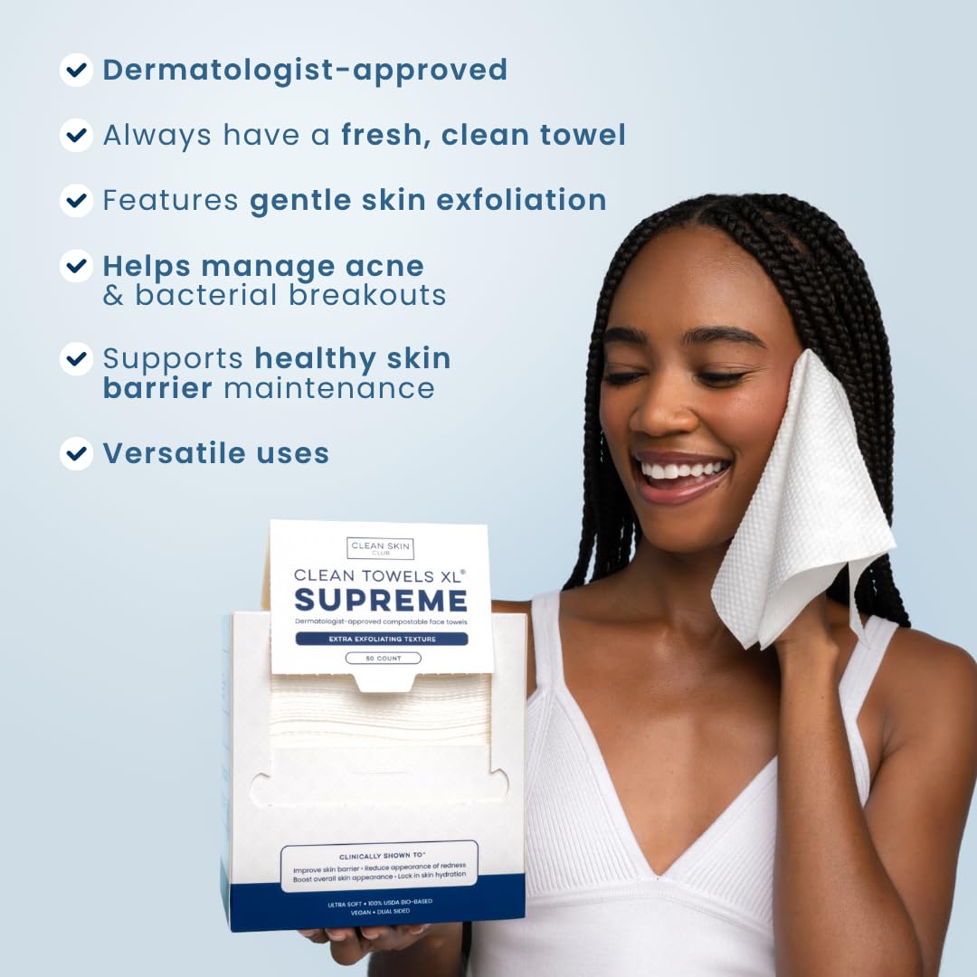 Clean Skin Club Clean Towels XL®, 100% USDA Biobased Face Towel, Disposable Face Towelette, Eczema Association Accepted, Makeup Remover Dry Wipes, Ultra Soft, 1 Pack, 50 Ct