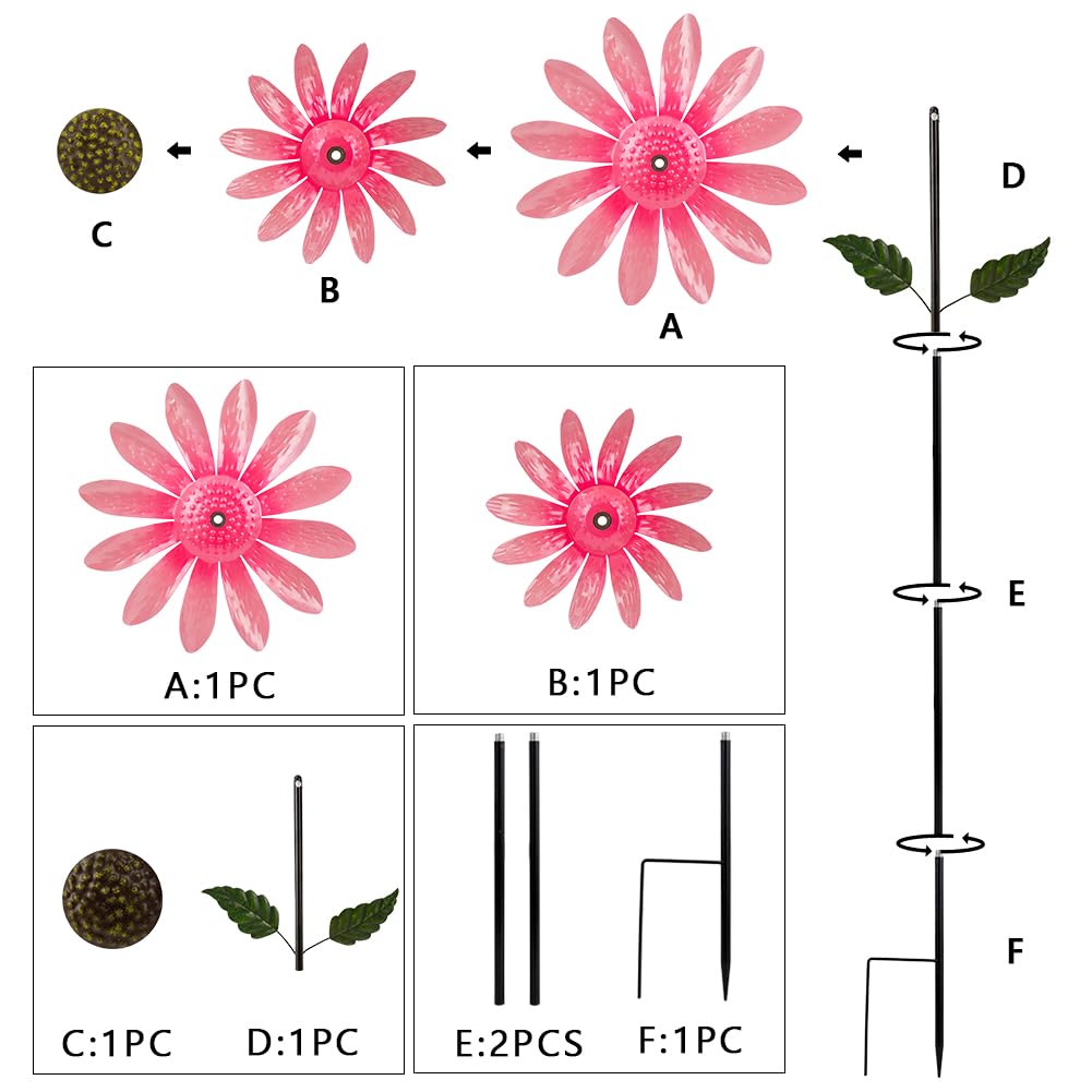 Viveta Wind Spinner Outdoor, Decorative Wind Sculpture wtih Sturdy Stake,Pink Pinwheels for Yard and Garden