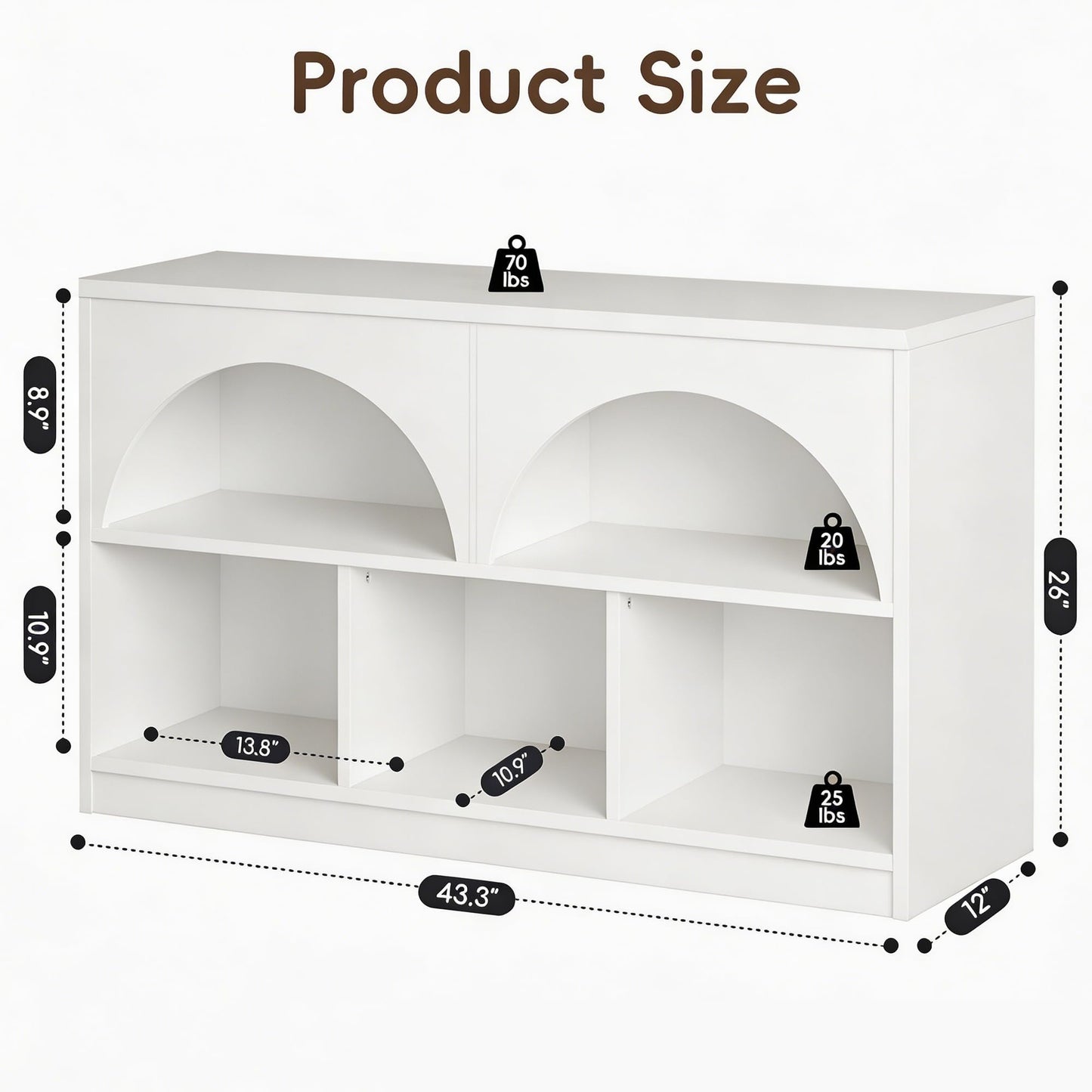 Fatmok 4 Pack Montessori Bookshelf, Modern Arched Wooden Toy Organizer, 5-Section Storage Shelf with Curved Edge, Decorative Furniture for Kids Room Play Area Nursery Kindergarten, White