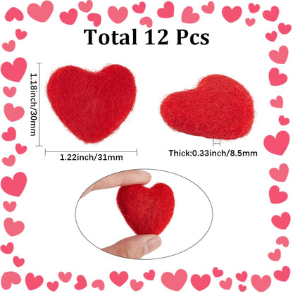 SUNNYCLUE 12Pcs Red Felt Hearts Felted Wool Heart Bulk Valentines Mothers Fathers Love Heart Shape Needle Felting Pom Pom Bead Decorations for DIY Art Handcraft Project Home Party Garland Ornaments