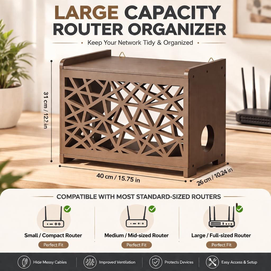 Xilwefap Upgrade Pine Wooden Router Box Hider, Large Capacity Projector Shelf Wall Mountable Router Storage Box with Cable Management, Modem & Power Strip Organizer, Assembly Required