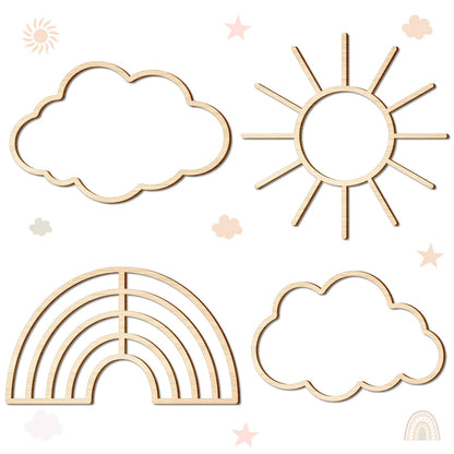 4 Pieces Boho Nursery Cloud Star Wall Decor Wooden Babyroom Moon Rattan Wall Decor Wooden Rainbow for Children Baby Kids Boys Girls Bedroom Nursery Pendant(Cloud Rainbow Sun)