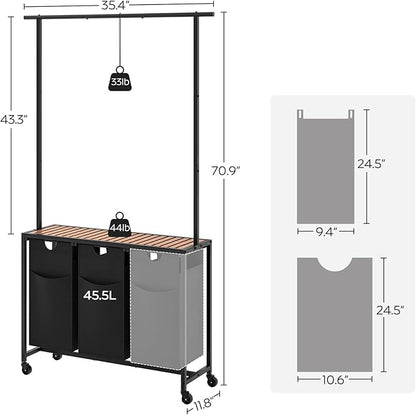 Laundry Sorter 3 Section, Rolling Laundry Hamper