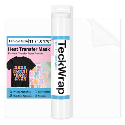 TECKWRAP Heat Transfer Mask for Heat Transfer Paper for T-Shirts 1 roll, 11.7" X 170" Masking Film Clear Iron on Transfer Tape for HTV Printable Heat Transfer Vinyl