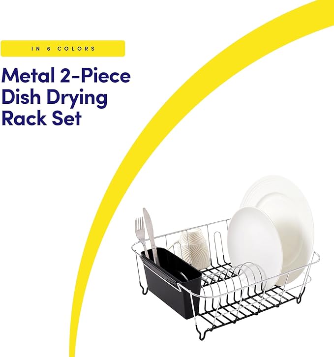 Sweet Home Collection 2 Piece Dish Drying Rack Set Drainer with Utensil Holder Simple Easy to Use Fits in Most Sinks, 14.5" x 13" x 5.25", Black (Pack of 12)