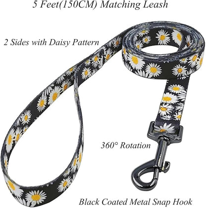 Dog Collar and Leash Set, Cute Daisy Pattern, Polyester Material, 5ft Leash, for Medium Dogs.(Medium,Black Daisy)