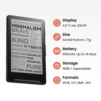 XTEINK X4 E-Book Reader (Developer Edition), 4.3" Pocket E-Ink eReader, Physical Page-Turn Buttons, Ultra-Thin 0.23" & 2.72 oz, Magnetic-Ready Design, Distraction-Free Reading, 16GB, Mist Gray