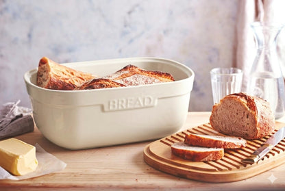 Emile Henry Made in France Ceramic Bread Box for Storage and Slicing 14"x 9.85"x 6", Clay