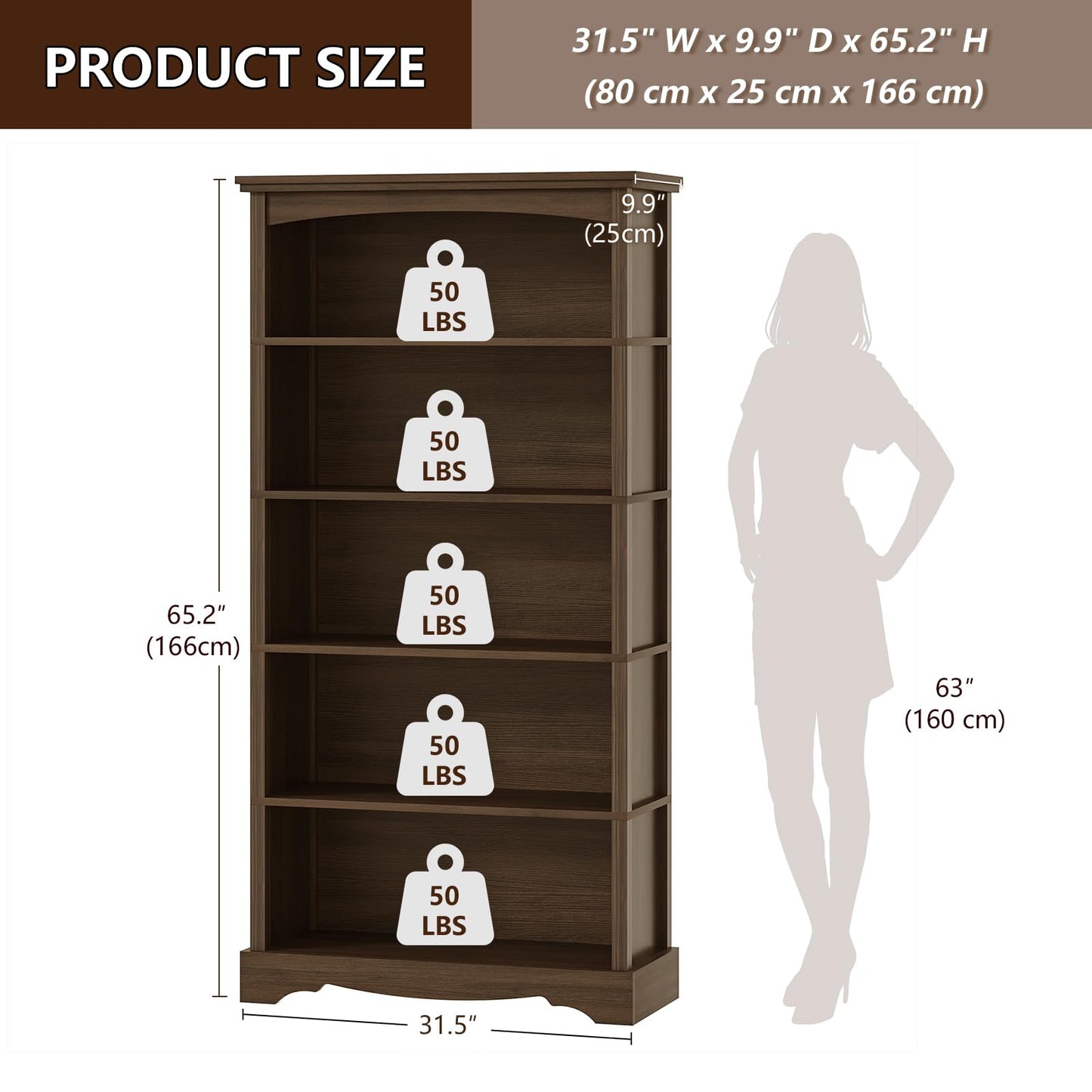 TVU 5-Tier Wooden Bookshelf, 31.5" W x 65" H ×9.9" D Bookshelf with Storage, Floor Standing Modern Style Display Bookcase for Living Room, Office, Study Room, Entryway, Brown