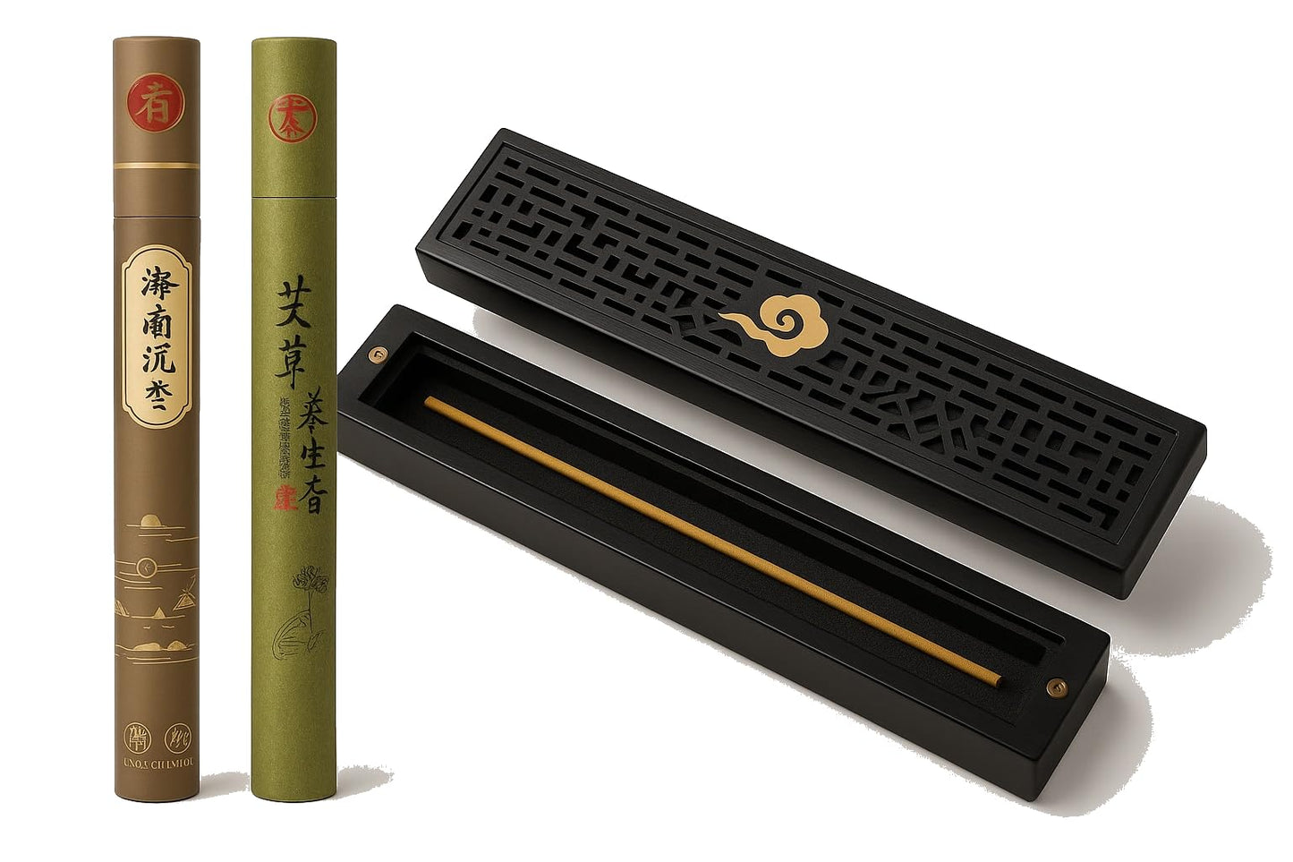 Seedlink Chinese Incense Holder for Sticks with Ash Catcher - Wooden Incense Burner Box with Storage, Ceramic Lined, Anti-Ash, for Meditation, Yoga, Home Decor (Balck - Cloud)
