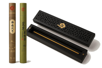 Seedlink Chinese Incense Holder for Sticks with Ash Catcher - Wooden Incense Burner Box with Storage, Ceramic Lined, Anti-Ash, for Meditation, Yoga, Home Decor (Balck - Cloud)