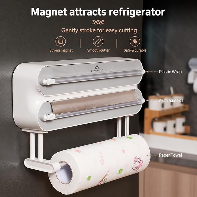 Magnetic Plastic Wrap Dispenser with Cutter, 3-in-1 Kitchen Wrap Organizer for Plastic Wrap, Aluminum Foil & Cling Film, Wall Mount Wrap Dispenser with Paper Towel Holder (3 in 1)