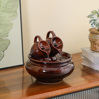 Outdoor and Indoor Tabletop Fountain Desktop Ceramic Fountain Home and Office Decoration (Brown A189)