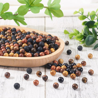 KISSITTY 300Pcs 6 Style Natural Wood Round Gemstone Beads Kit for Easter 8mm Lava Rock Bead & Grade AB Tiger Eye Wood Bead Natural Polished Wooden Ball Loose Beads for Men Bracelet Jewelry Making