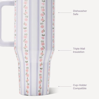HydroJug Traveler - 32 oz Water Bottle with Handle & Flip Straw - Fits in Cup Holder, Leak Resistant Tumbler-Reusable Insulated Stainless Steel & Rubber Base - Gifts for Women & Men, Primrose