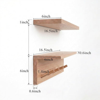 RIVERVALLA Floating Wall Shelves with Hooks, Rustic Wood Coat Rack & Storage Organizer for Entryway, Kitchen & Bedroom, Wall Mounted Display Shelf for Books, Plants & Photos
