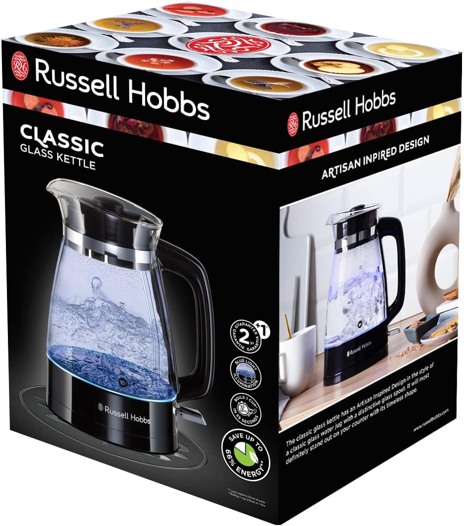 Russell Hobbs Kettle Glass [1.7 L, 2400 W, Optimised Design Spout Made of Glass, LED Lighting] Classic Design (Quick Boil Function, Removable Lid, Limescale Filter, Stainless Steel Base) 26080-70