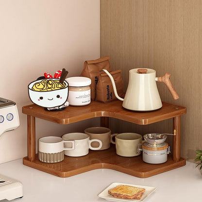 Dreamhousey 2-tier Kitchen countertop corner spice rack, household Cupboard Cabinet coffee mug Cup storage shelf condiment seasoning organizer, desktop wood bookshelf bookcase (2-tier)