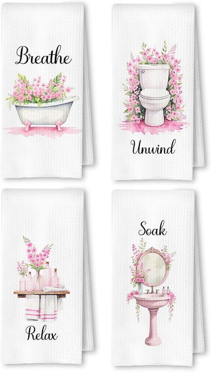 Farmhouse Pink Botanical Bathroom Hand Towels, Relax Breathe Soak Unwind