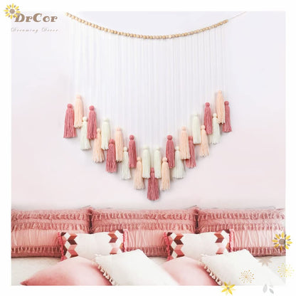 DrCor Blush Pink Boho Macrame Wall Hanging – Handmade Rose Gold Tassel Decor for Nursery, Dorm, Baby Shower, Wedding, Cozy Home or Classroom Display