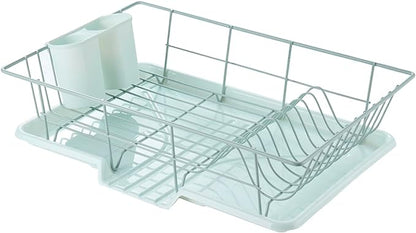 Sweet Home Collection Space-Saving 3-Piece Dish Drainer Rack Set: Efficient Kitchen Organizer for Quick Drying and Storage - Includes Cutlery Holder and Drainboard - Maximize Countertop Space, Mint