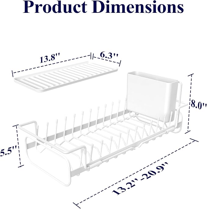 Kitsure Dish Drying Rack - Expandable Dish Rack for Kitchen Counter, Over Sink Or in Sink, Space-Saving Plates Dryer with Cutlery Holder & Drip Tray, 14.0"-20.9" L x 6.3" W x 8.0" H, White