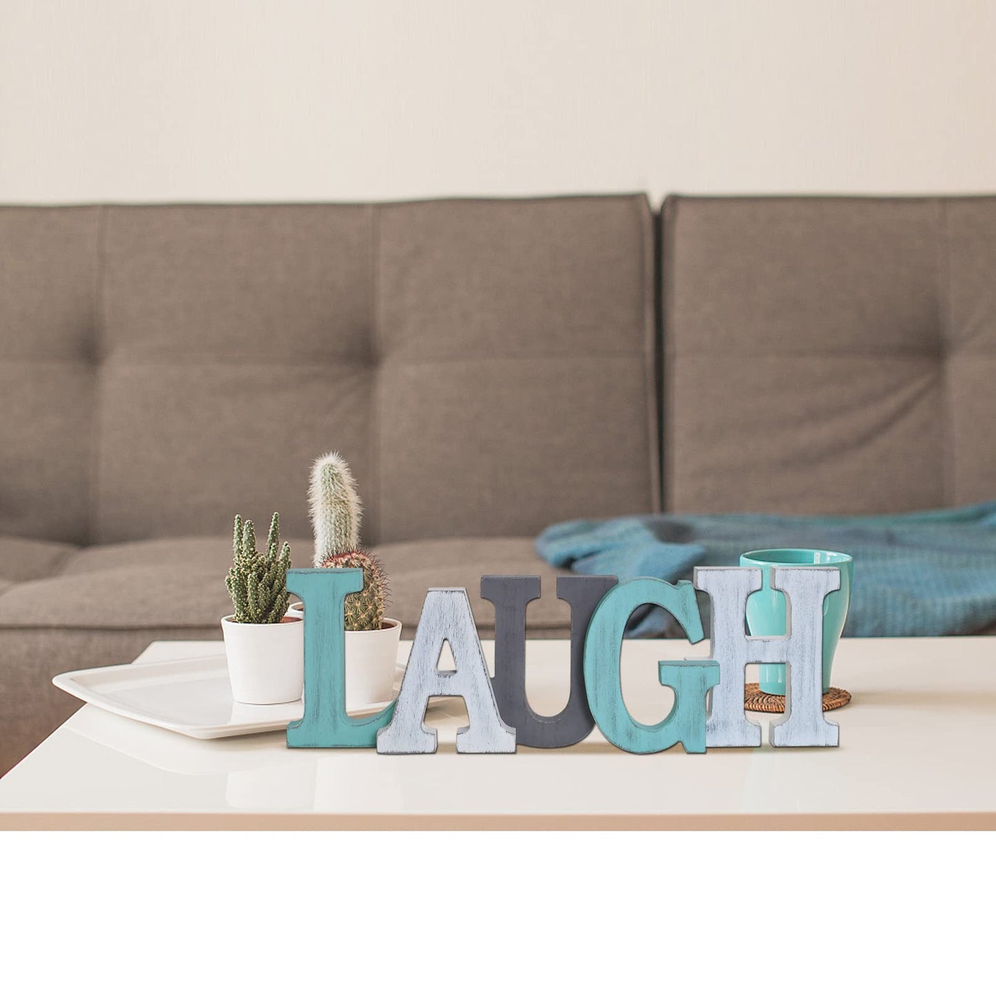 Rustic Wood Sign Décor Decorative Letters Block Free-standing Word Signs Hanging Wooden Cutout Wall Decoration Tabletop Centerpiece (Laugh)