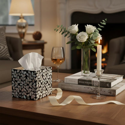 PEMAR Decorative Tissue Box Cover, 5.5” Cube Wooden Tissue Holder with Mother of Pearl Inlay, Farmhouse Rustic Napkin Dispenser for Bathroom, Living Room, Kitchen, Office (White Vines (Standard 5.5")