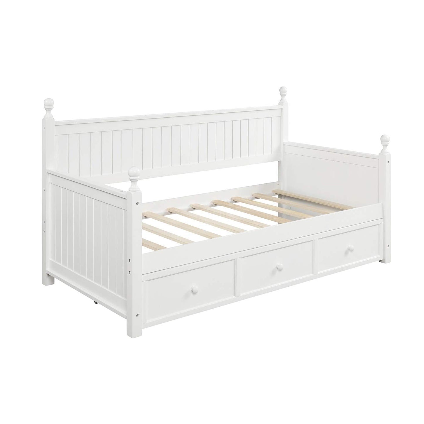 Ball & Cast Twin Size Daybed with Two Storage Drawers, Wooden Day Bed Frame with Slatted Backrest and Armrest, Mordern Sofa Bed with Clean Lines, No Box Spring Needed,White
