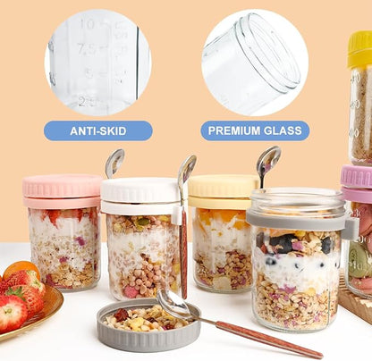 SUROQUE Overnight Oats Containers with Lids and Spoons - 4 Pack 16oz Glass Mason Jars, Leakproof Meal Prep Storage