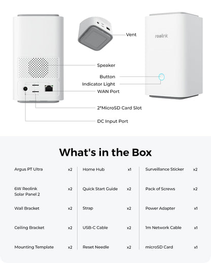 REOLINK 4K Solar Security Cameras Wireless Outdoor System, Color Night Vision, 360° Pan Tilt Auto-Tracking, 2.4/5 GHz Wi-Fi 6, Encrypted Local Storage, No Subscription, Home Hub with 2X Argus PT Ultra